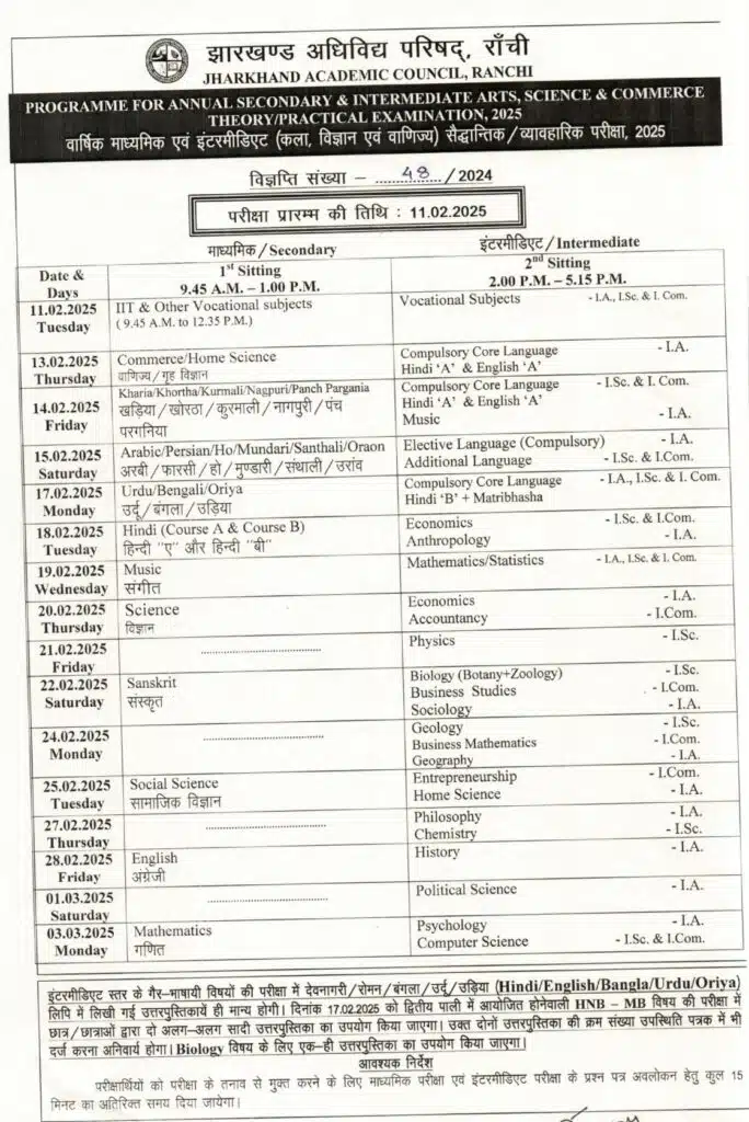 JAC 12th Board Exam Time Table 2025