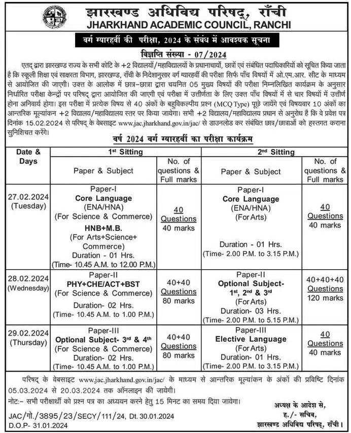 JAC 11th Board Exam Time Table 2025