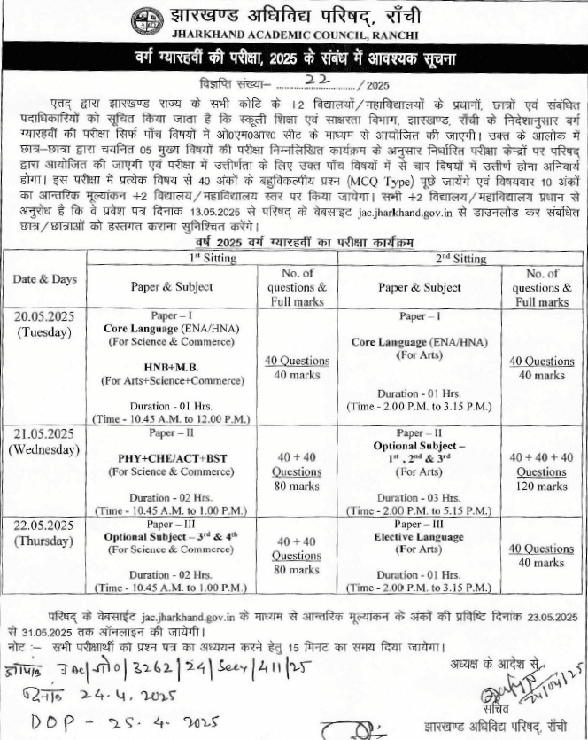 JAC 11th Board Exam Time Table 2025